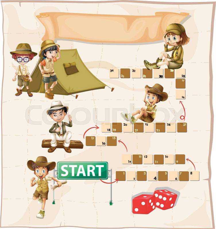 Boardgame template with kids camping out illustration, vector