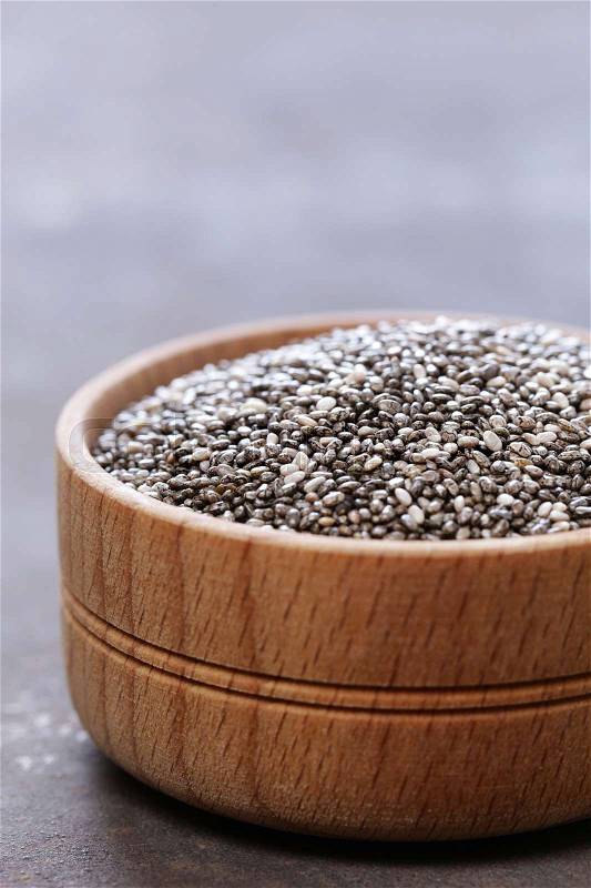 Chia seeds in a wooden bowl, super food, stock photo