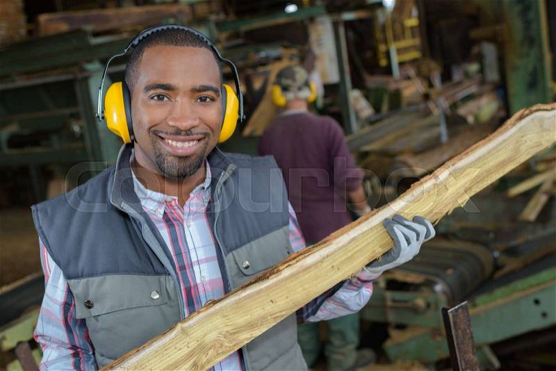 Portrait of man in woodyard holding stake of wood, stock photo
