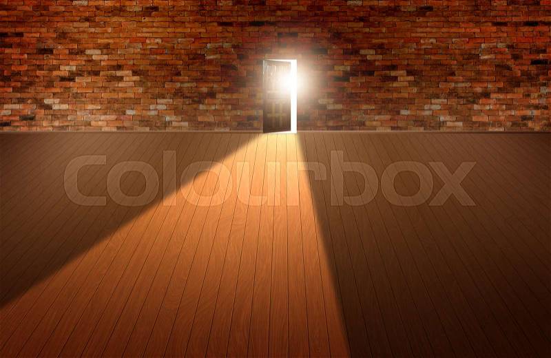 Wood doors opening with old cement wall and light coming in. background of old vintage white brick, stock photo