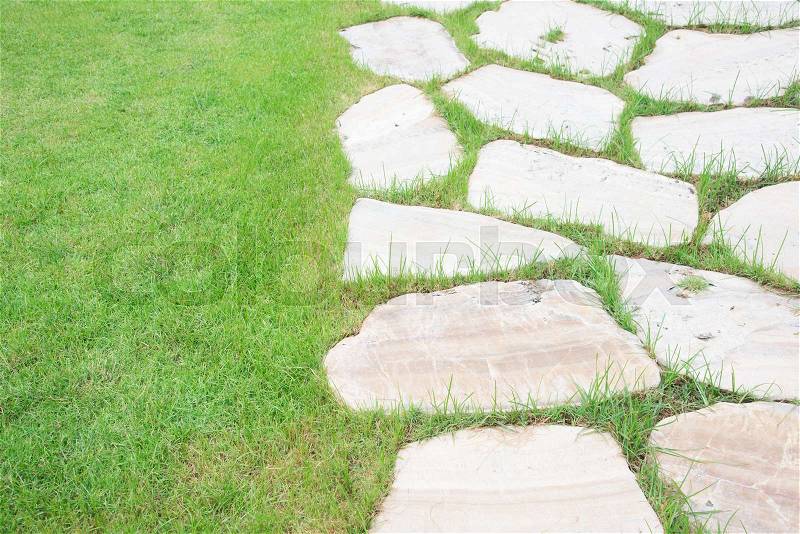Stone path on a green grassy lawn, stock photo