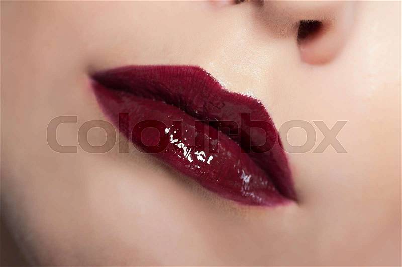 Beautiful red woman lips close up make up, stock photo