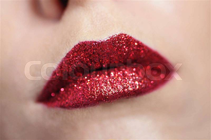 Beautiful red woman lips close up make up, stock photo