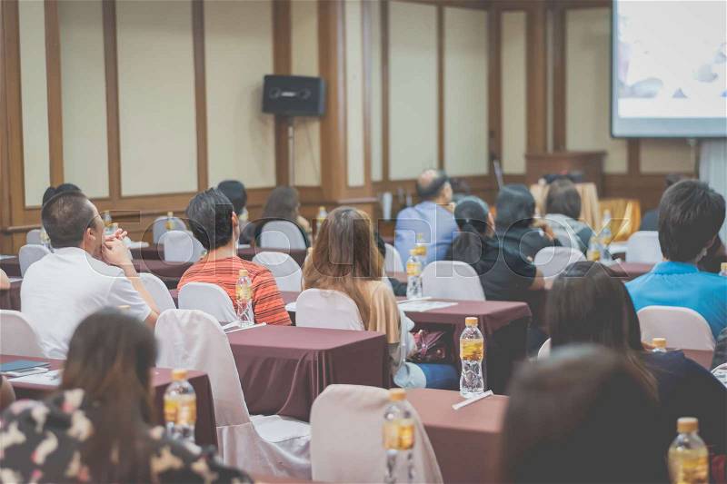 Business concept : asia people listen in business seminar presentation hall of hotel room,selective focus,vintage filter, stock photo