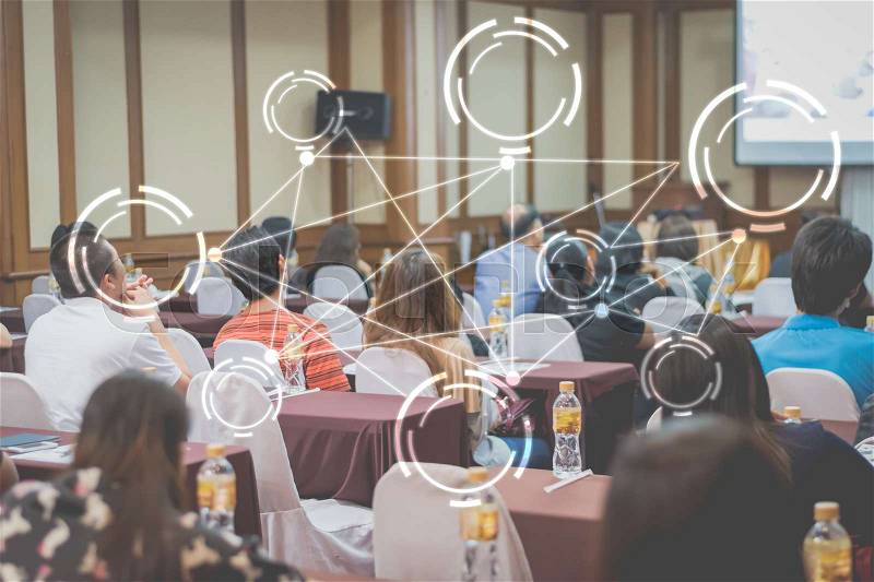 Business concept : asia people listen in business seminar presentation hall of hotel room with blank icon symbol,selective focus,vintage filter, stock photo