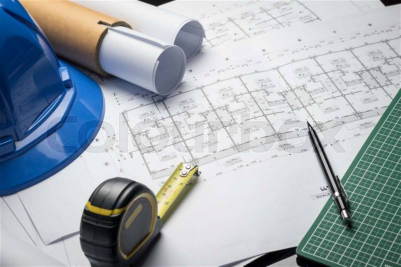 Engineering diagram blueprint paper drafting project sketch architectural,selective focus, stock photo