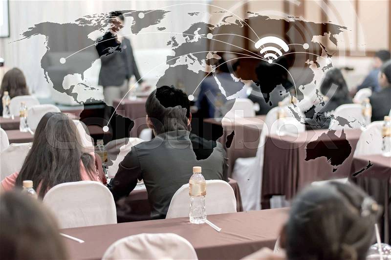Business globalization connection technology concept : asia people listen in business seminar presentation hall of hotel room with wireless signal icon,selective focus, stock photo