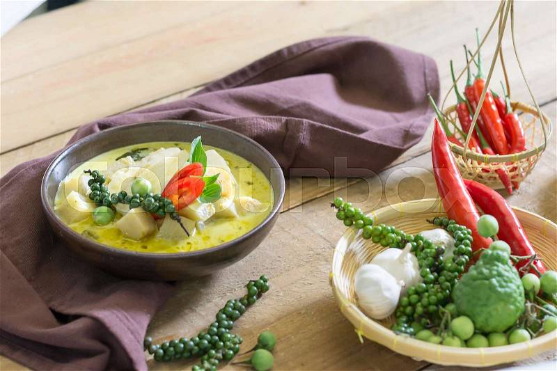 Spicy hot chicken green curry with coconut milk soup in bowl,thai food,selective focus, stock photo