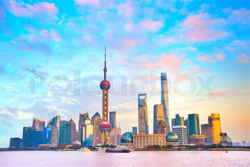 View of Shanghai business center in the beautiful sunset. China, stock photo