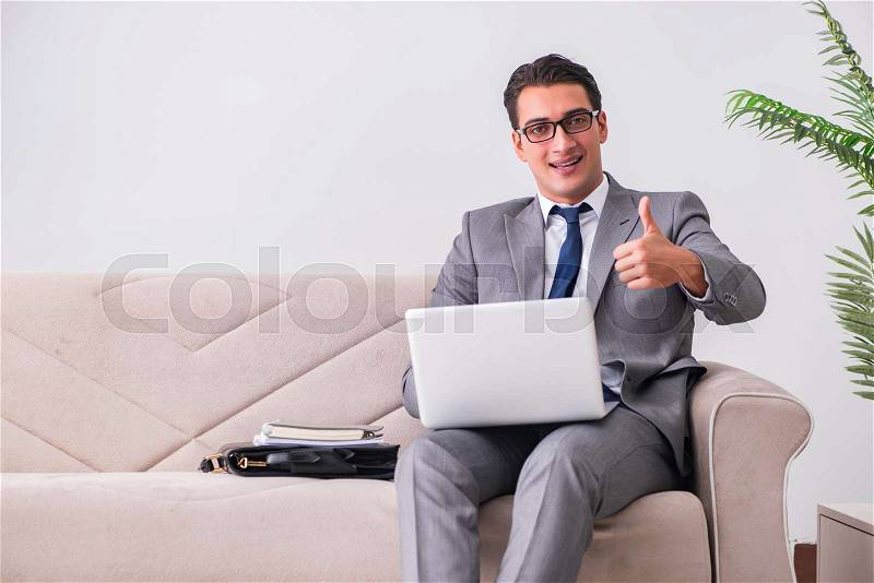 Businessman with laptop notebook sitting in sofa, stock photo