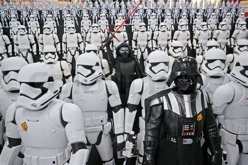 TOKYO - NOVEMBER 9, 2016: First Order Storm troopers army with Kylo Ren in the center were display at Yodobashi Akiba in Tokyo, Japan, stock photo