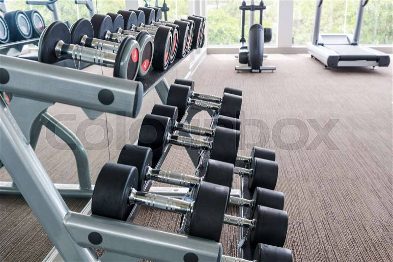 Dumbbells in modern sports club. Weight Training Equipment, stock photo