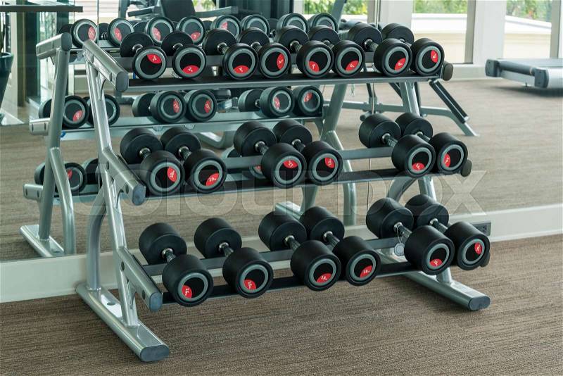 Dumbbells in modern sports club. Weight Training Equipment, stock photo