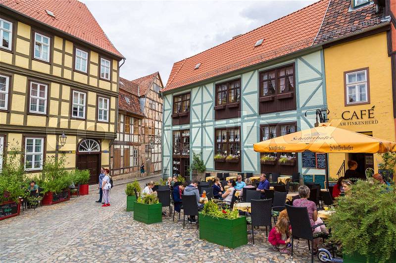 QUEDLINBURG, GERMANY - JUNE 16, 2016: Historic houses in Quedlinburg, in a beautiful summer day, Germany on June 16, 2016, stock photo