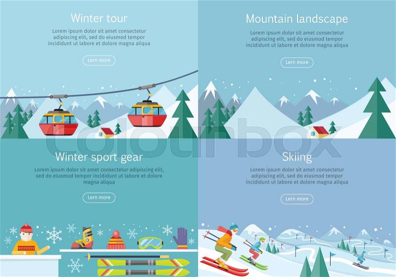 Winter tour. Mountain landscape. Winter sport gear. Skiing banners set. Winter recreational conceptual web banners. Funicular railway, landscape, skiing equipment, skier competition. Ski lift. Vector, vector