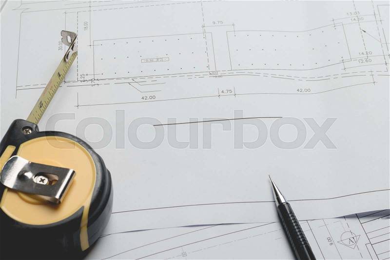 Engineering diagram blueprint paper drafting project sketch architectural,selective focus, stock photo