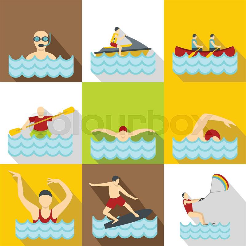Active water sport icons set. Flat illustration of 9 active water sport vector icons for web, vector