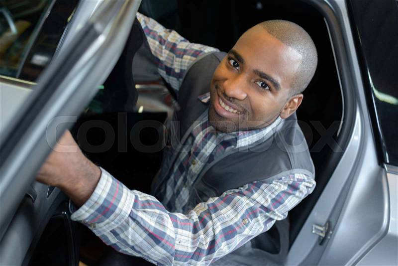 Portrait of mechanic leaning out of car, stock photo