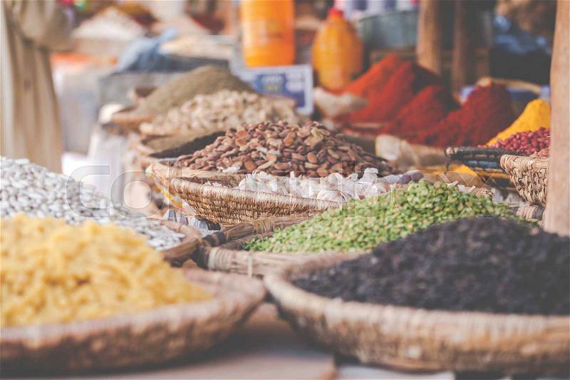 Arabic spices at traditional market. Morocco. Africa, stock photo