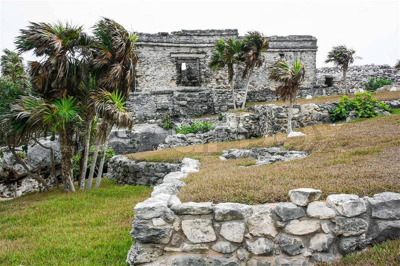 Ancient Mayan Architecture and Ruins located in Tulum, Mexico off the Yucatan Peninsula, stock photo