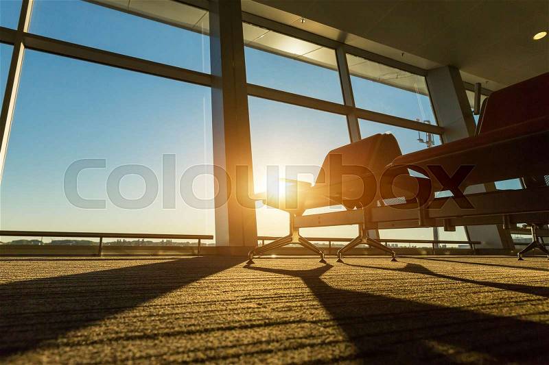 Airport, bus or train station at sunset. Travel or tourism concept, stock photo