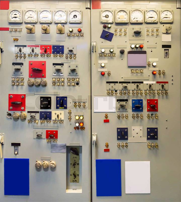 Military ship electric control panel, electricity gauge. , stock photo