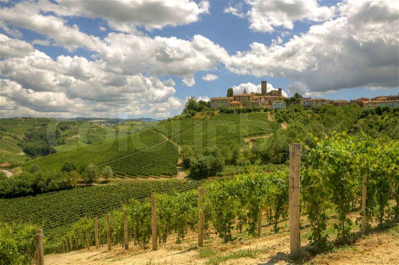 View on vineyards and small town on the hill in Piedmont, northern Italy, stock photo