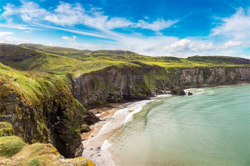 Carrick-a-Rede, Causeway Coast Route in a beautiful summer day, Northern Ireland, United Kingdom, stock photo
