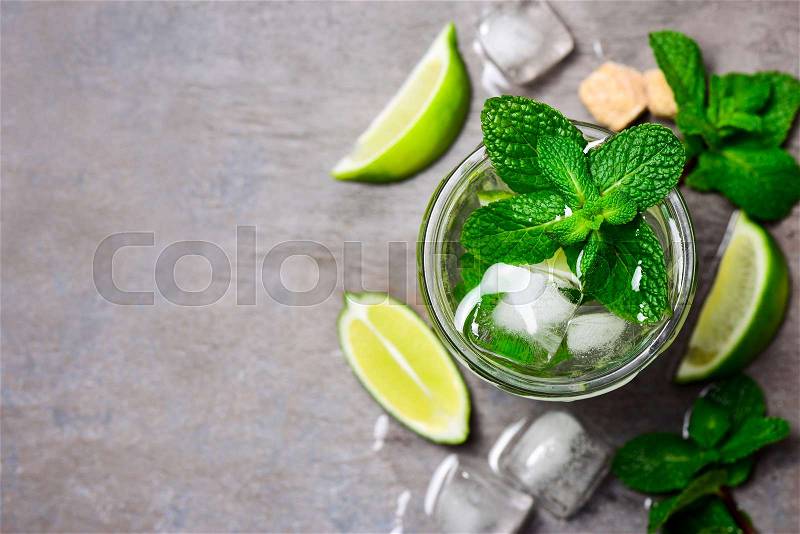 Mojito in a glass, top view, space for a text, stock photo