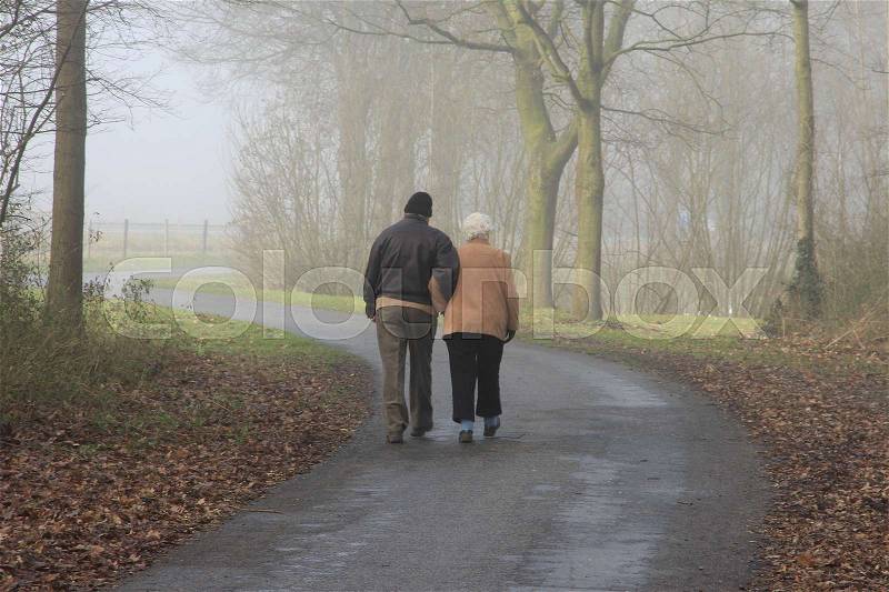 Old retired couple, man and wife are walking in the misty forest in the park at the country side in the soft winter, stock photo