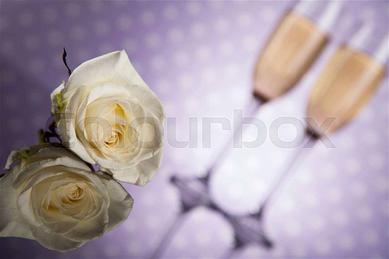 Valentines day background with champagne and roses, mirror background, stock photo