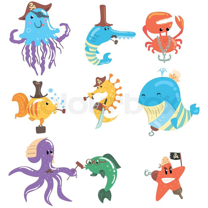 Marine Animals And Underwater Wildlife With Pirate And Sailor Accessories And Attributes Set Of Comic Cartoon Characters. Funny Vector Illustrations With Aquatic Life With Human Clothing Elements, vector