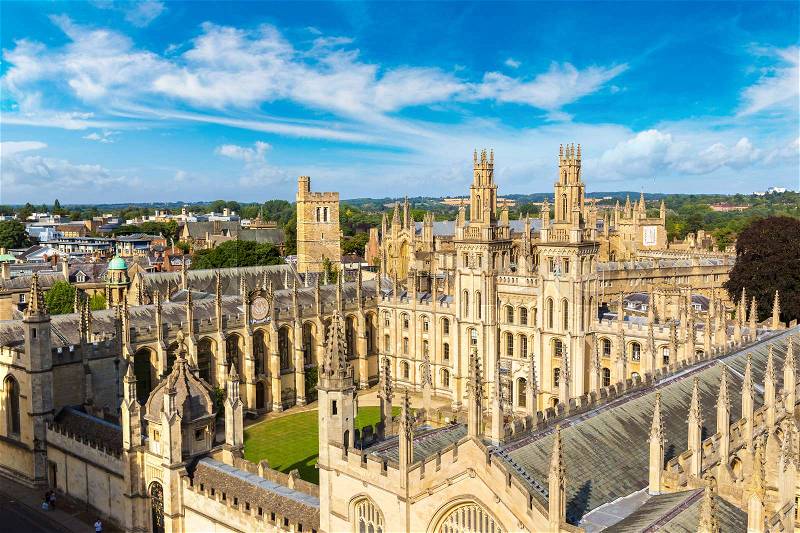 Panoramic aerial view of All Souls College, Oxford University, Oxford in a beautiful summer day, England, United Kingdom, stock photo