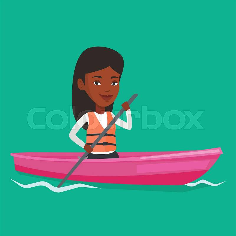 African-american woman riding in a kayak in the river. Woman with skull in hands traveling by kayak. Female kayaker paddling. Woman paddling a canoe. Vector flat design illustration. Square layout, vector