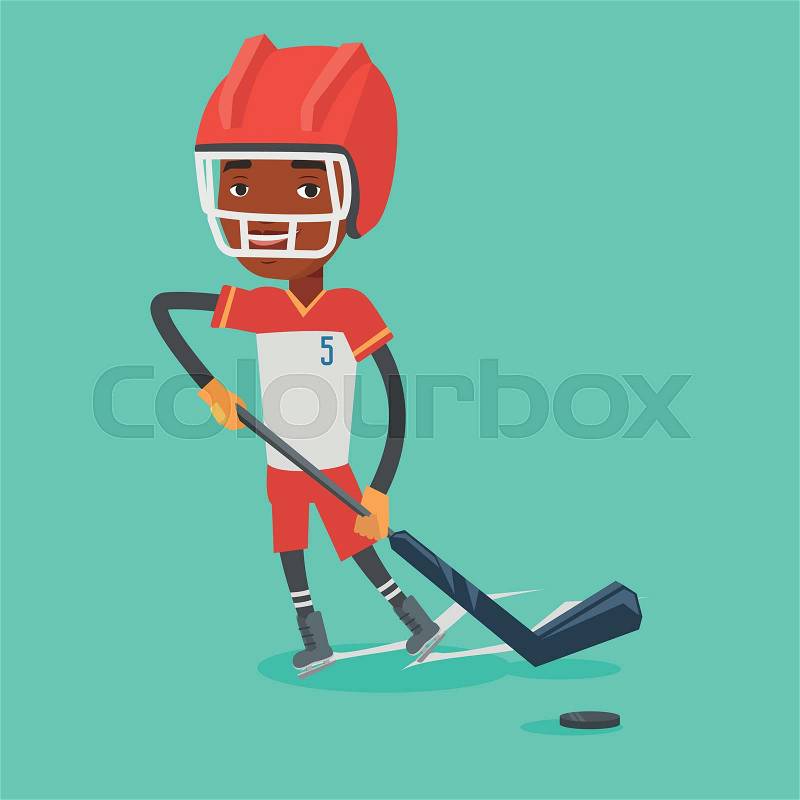 Young african-american sportsman playing ice hockey. Male ice hockey player in uniform skating on a rink. Male ice hockey player with a stick and puck. Vector flat design illustration. Square layout, vector
