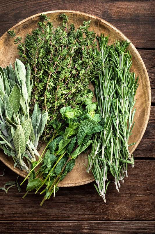 Various fresh herbs, rosemary, thyme, mint and sage on wooden background, stock photo
