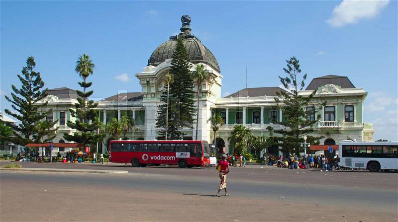 MAPUTO, MOZAMBIQUE - APRIL 29: Main railway statiion and bus terminal of Maputo, Mozambique on April 29, 2012. The station is transport hub for the country and historical landmark of colonial period, stock photo