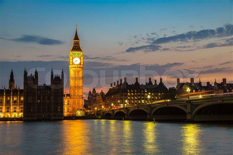 The Big Ben, the Houses of Parliament and Westminster bridge in London in a beautiful summer night, England, United Kingdom, stock photo