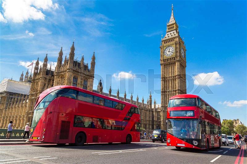 Big Ben, Westminster Bridge and red double decker bus in London, England, United Kingdom, stock photo