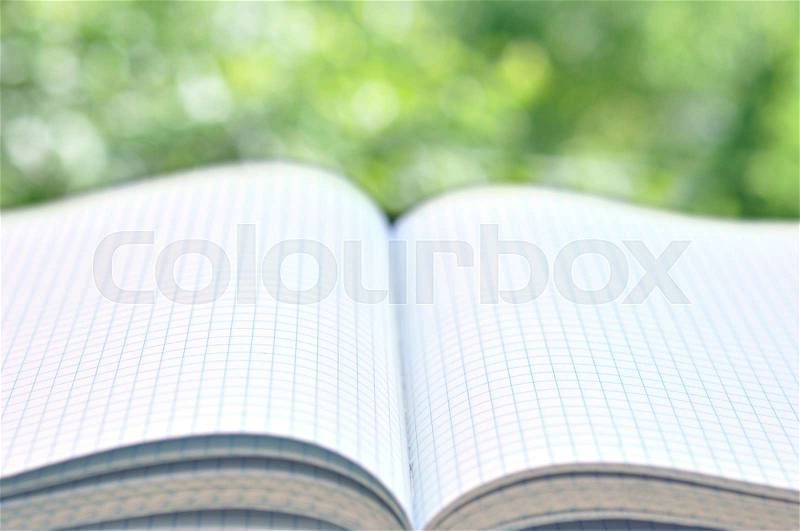 Open Book On Table In The Garden, stock photo