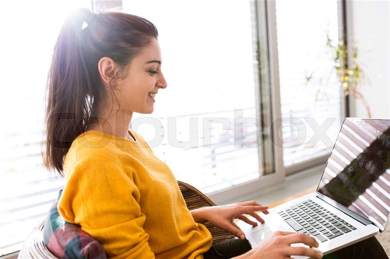 Beautiful young woman at home at the window, sitting on sofa, working on laptop, writing something, stock photo