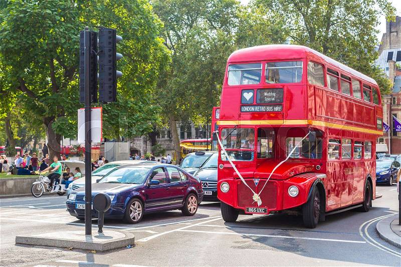 LONDON, UNITED KINGDOM - JUNE 14, 2016: Retro red double decker bus, London, England, United Kingdom on June 14, 2016, stock photo