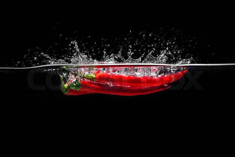 Red hot chili peppers splashing into water isolated on the black background, stock photo