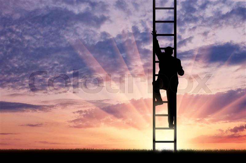 Man climbs the stairs to sky. Concept of the career ladder, stock photo