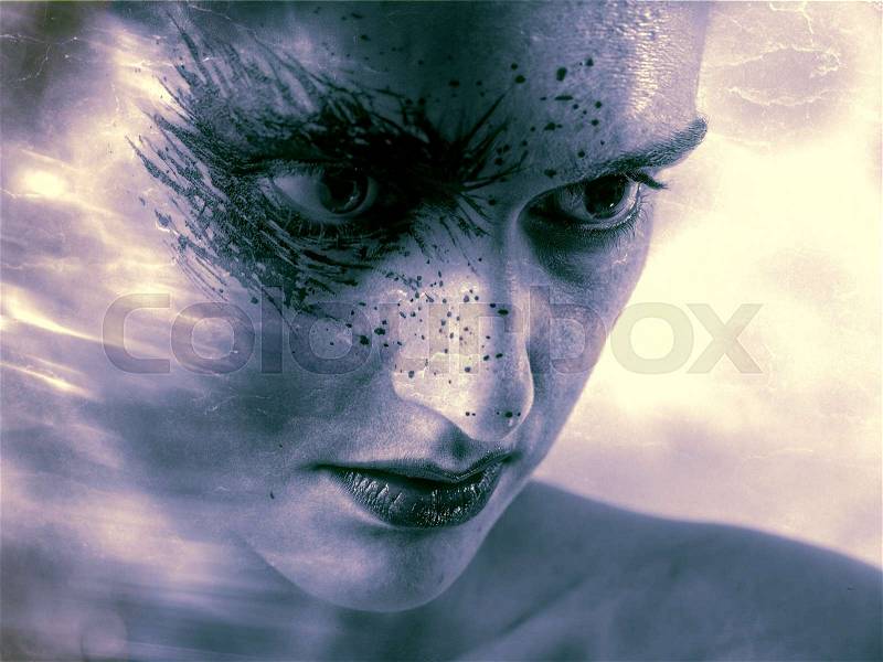 Demon, horror. Female portrait with motion effect, stock photo