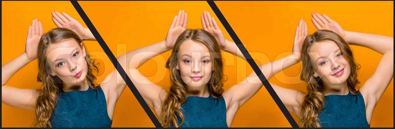 The collage from images of face of playful happy teen girl with long hair on orange studio background, stock photo