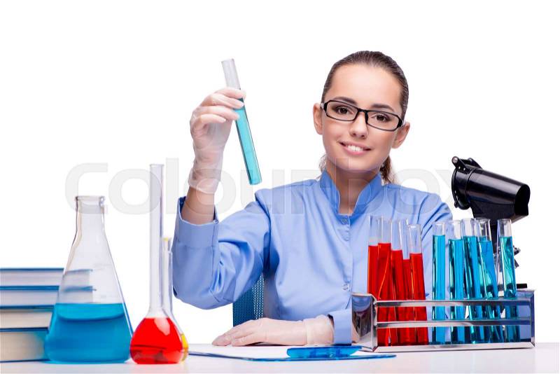 Lab chemist working with microscope and tubes, stock photo