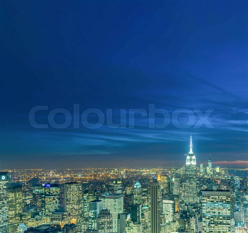 View of New York Manhattan during sunset hours, stock photo