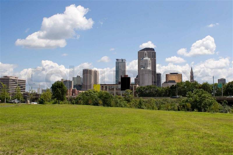 A view of the city skyline in Hartford Connecticut on a nice day, stock photo