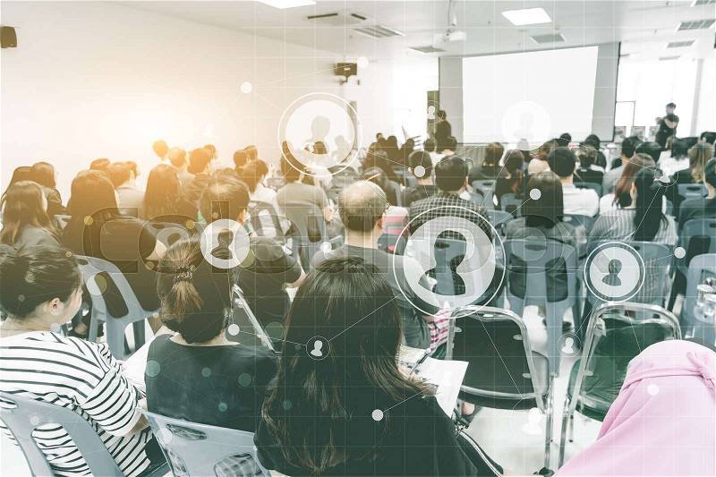 Business concept : asia people listen in business seminar presentation hall of hotel room with social network connection icon symbol ,selective focus, stock photo